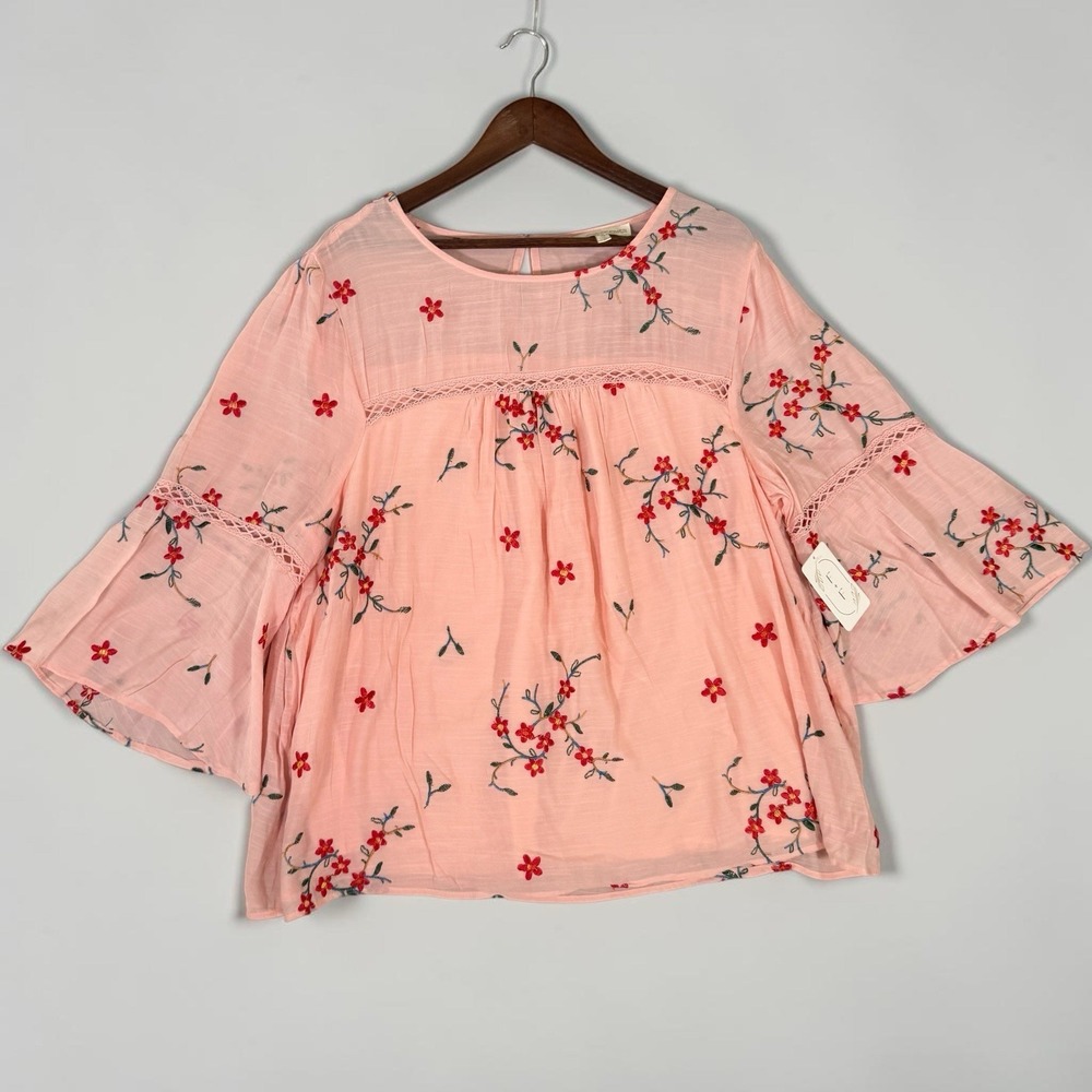 NWT Figueroa & Flower Peach Embroidered Flared Sleeve Crochet Lined Top 3X